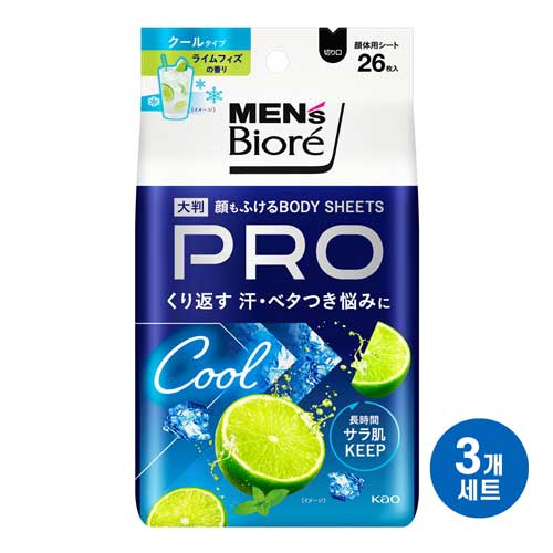 맨즈 비오레 얼굴까지 닦는 바디시트 PRO 쿨타입 라임 피즈향 26매3개세트